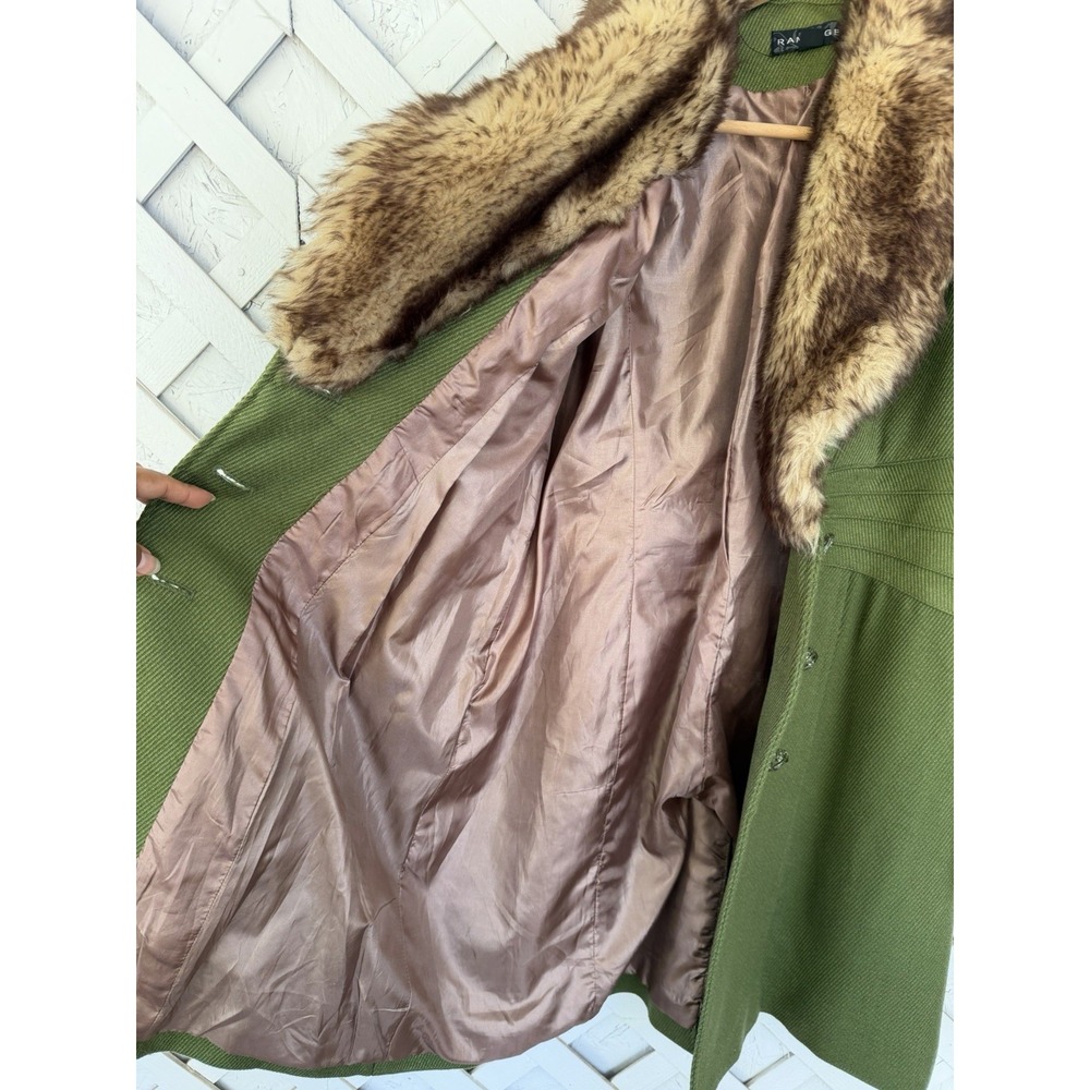 Rampa Olive Green Faux Fur Collar Fit & Flare Coat Vintage Y2K Fall Large - Picture 6 of 14